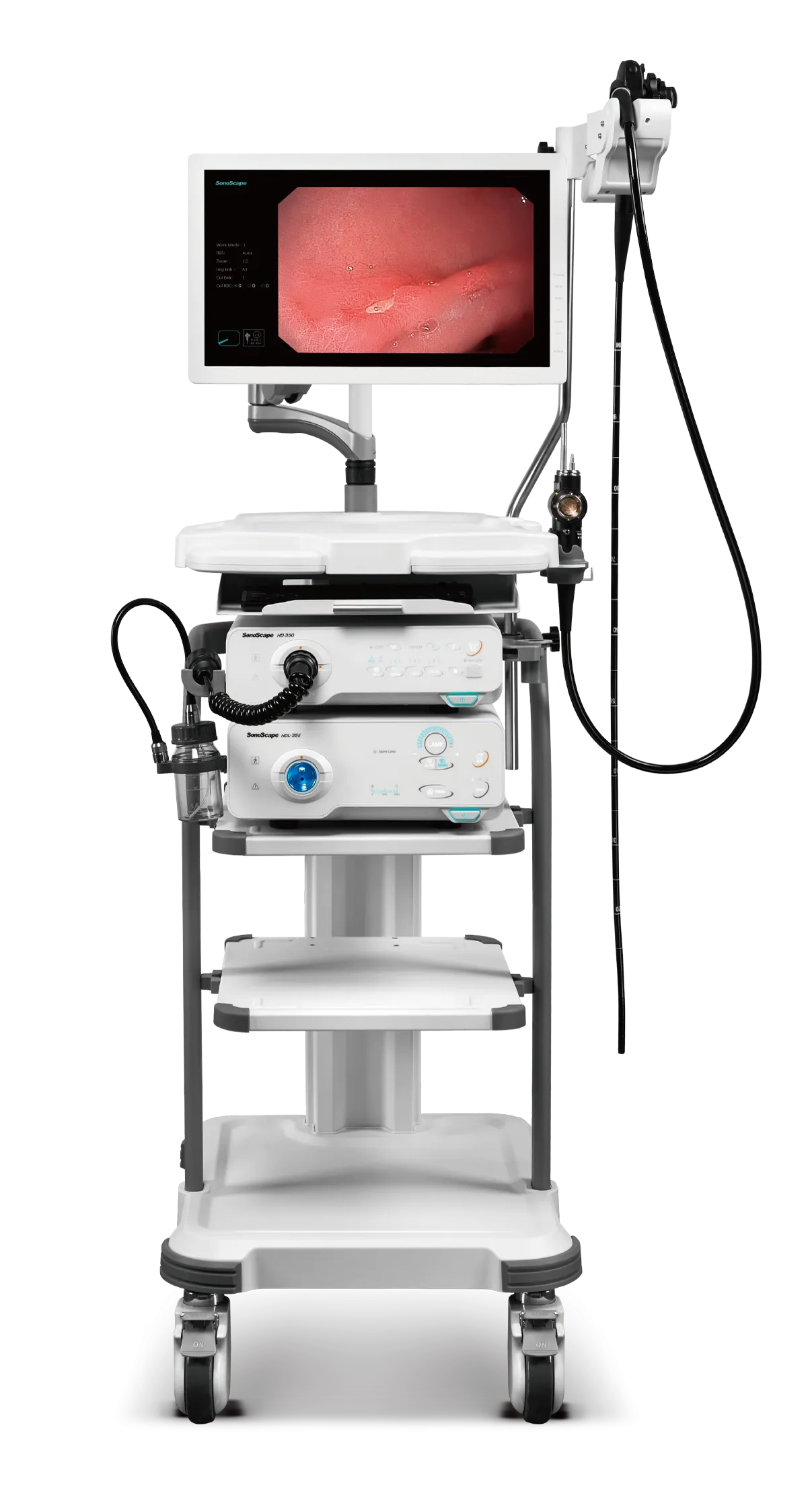 Sistema HD-350 montado no carrinho, com monitor e endoscópio.