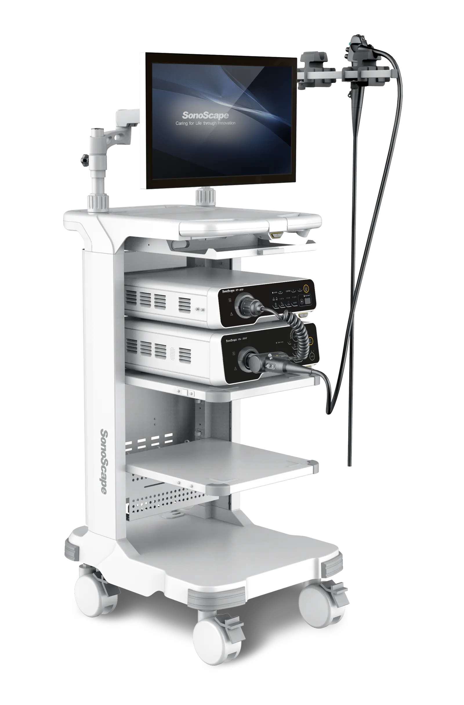 Sistema HD-500 montado no carrinho, com monitor e endoscópio.