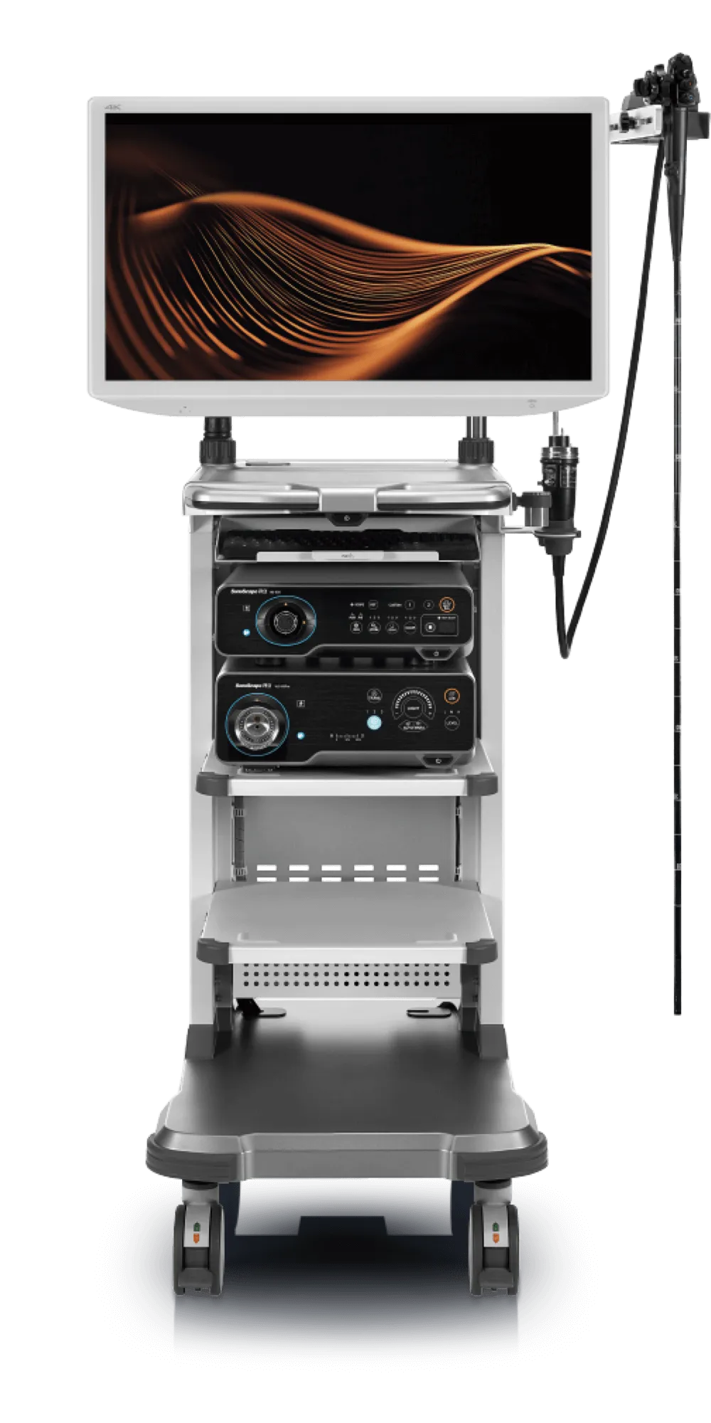 Sistema HD-650 montado no carrinho, com monitor de grau médico.